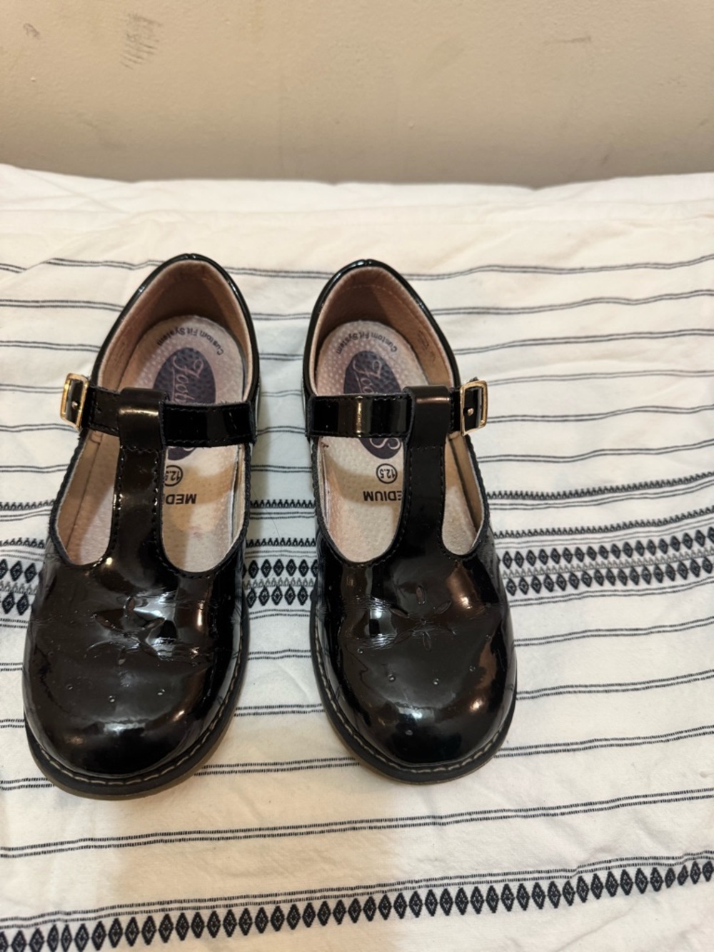 FootMates Girls Black Patent T-Strap Dress Shoes with Gold Buckles